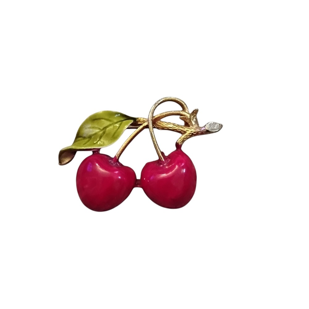 Vintage Red Enamel Cherry Brooch Gold Tone Fruit Pin Retro Rockabilly Style
